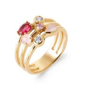 Bague trio d’anneaux plaqué or rubis quartz rose et diamants synthétiques