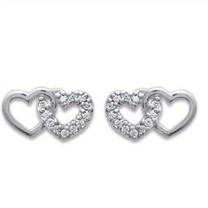 Clous d’oreilles 2 coeurs entrelacés zircons argent rhodié
