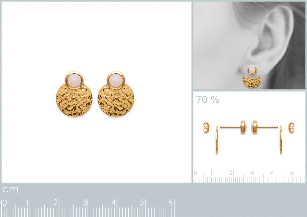 Boucles d’oreilles cercle martelé quartz rose plaqué or – Image 3