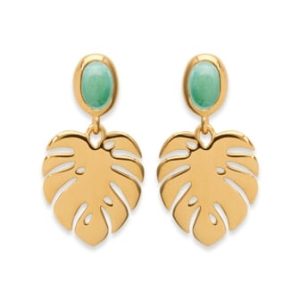 Boucles d’oreilles feuille de palmier tropical aventurine plaqué or