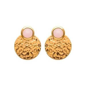 Boucles d’oreilles cercle martelé quartz rose plaqué or
