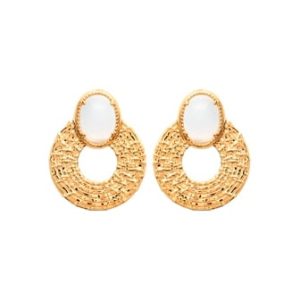 Boucles d’oreilles cercle strié pierre de lune plaqué or
