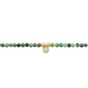 Bracelet rubis zoïsite et plaqué or breloque diamant synthétique rond
