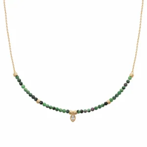 Collier rubis zoïsite et plaqué or breloque diamant synthétique