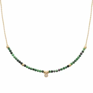 Collier rubis zoïsite et plaqué or breloque diamant synthétique rond