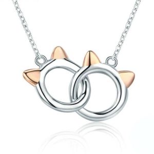 Collier en argent 2 anneaux aux oreilles de chats dorées