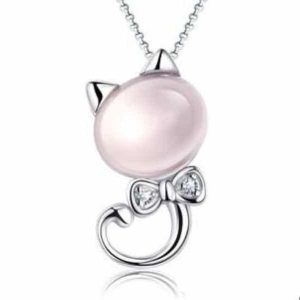 Collier chat plaqué argent tête rose